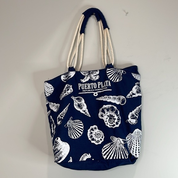 Puerto Plata DR Seashell Canvas Tote Beach Bag Rope Handles Navy Blue Zipper - Picture 7 of 12